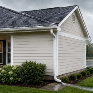 Maison avec une gouttière et un toit, illustrant l'architecture résidentielle.