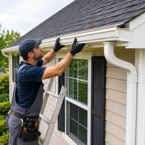 Un homme répare la gouttière d'une maison, utilisant des outils pour assurer un bon drainage des eaux pluviales.