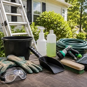 Une variété de produits de nettoyage disposés sur une table à l'extérieur, incluant sprays, éponges et seaux.