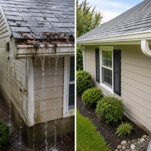 Deux images d'une maison avec de l'eau s'écoulant de la gouttière.